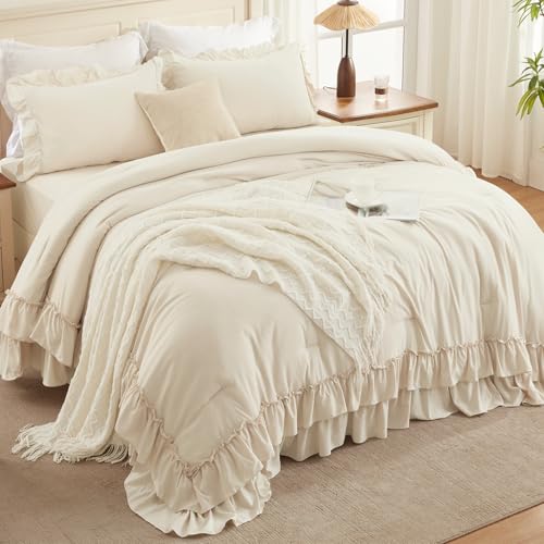 Andency Beige Twin Size Comforter Set, 2 Pieces Boho Lightweight Fluffy Ruffle Bedding Set & Collections, All Season Soft Microfiber Farmhouse Shabby Chic Bed Set for Kids (66x90In Comforter) Andency