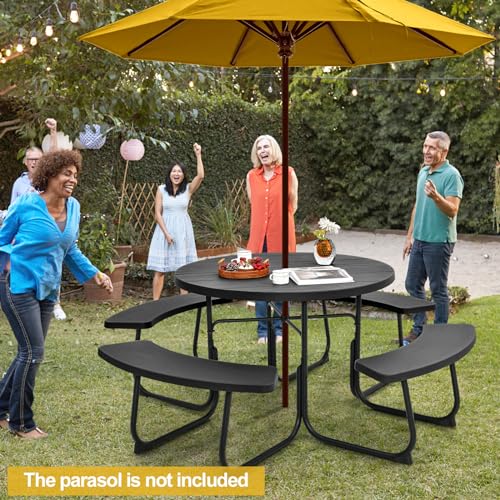 Tangkula 8 Person Picnic Table, Outdoor Round Picnic Table with 4 Built-in Benches, Umbrella Hole, Metal Frame & HDPE Tabletop, Outside Table and Bench Set for Backyard, 2300lbs Weight Capacity Tangkula