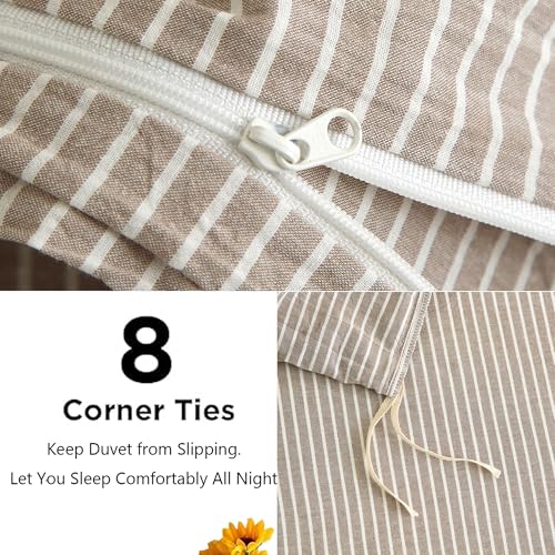 MWL Toy Striped Duvet Cover Set Full Size 3 Pcs Breathable Durable 100% Washed Cotton Comforter Cover for All Seasons Chic Linen Like Textured Bedding Set (Light Brown White Pinstripes, Full) MWL Toy