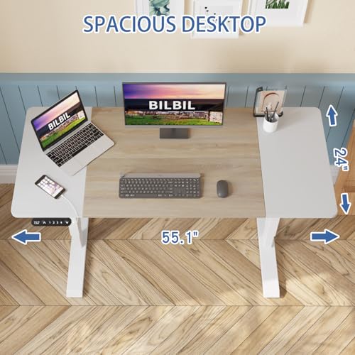 bilbil Height Adjustable Electric Standing Desk, 55 x 24 Inches Sit Stand up for Work Office Home, Ergonomic Rising Computer Table with Memory Preset with Splice Desktop (Oak, White) bilbil