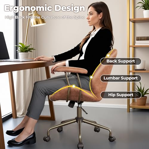 ovios Ergonomic Office Chair, Mid Back Faux Leather Executive Chairs with Armrests, Comfy Mid-Century Modern Swivel Rolling Computer Armchair (Brown, Suede Leather) ovios