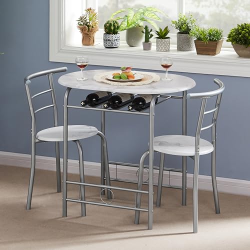 VECELO 3-Piece White & Silver Dining Table Set with Built-in Wine Rack for Small Spaces VECELO