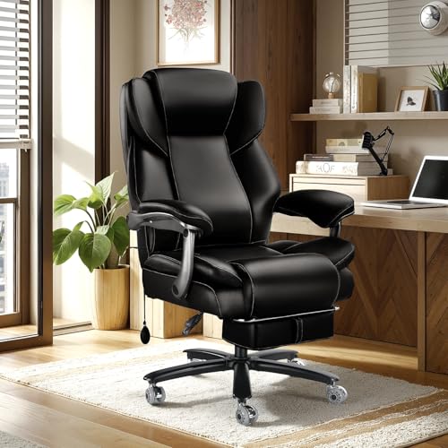 600lbs Big and Tall Office Chair for Heavy People,Heavy Duty Comfy Executive Office Desk Chair with Adjustable Lumbar Support,High Back Reclining PU Leather Computer Chair,Metal Base (Classic, Black) WAILOR