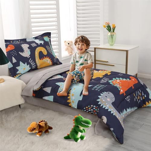 Wowelife Toddler Bedding Sets for Boys Premium 4 Piece Dinosaur Toddler Comforter Set Blue Grey Bed Set, Super Soft and Comfortable for Toddler(Dark Blue) Wowelife