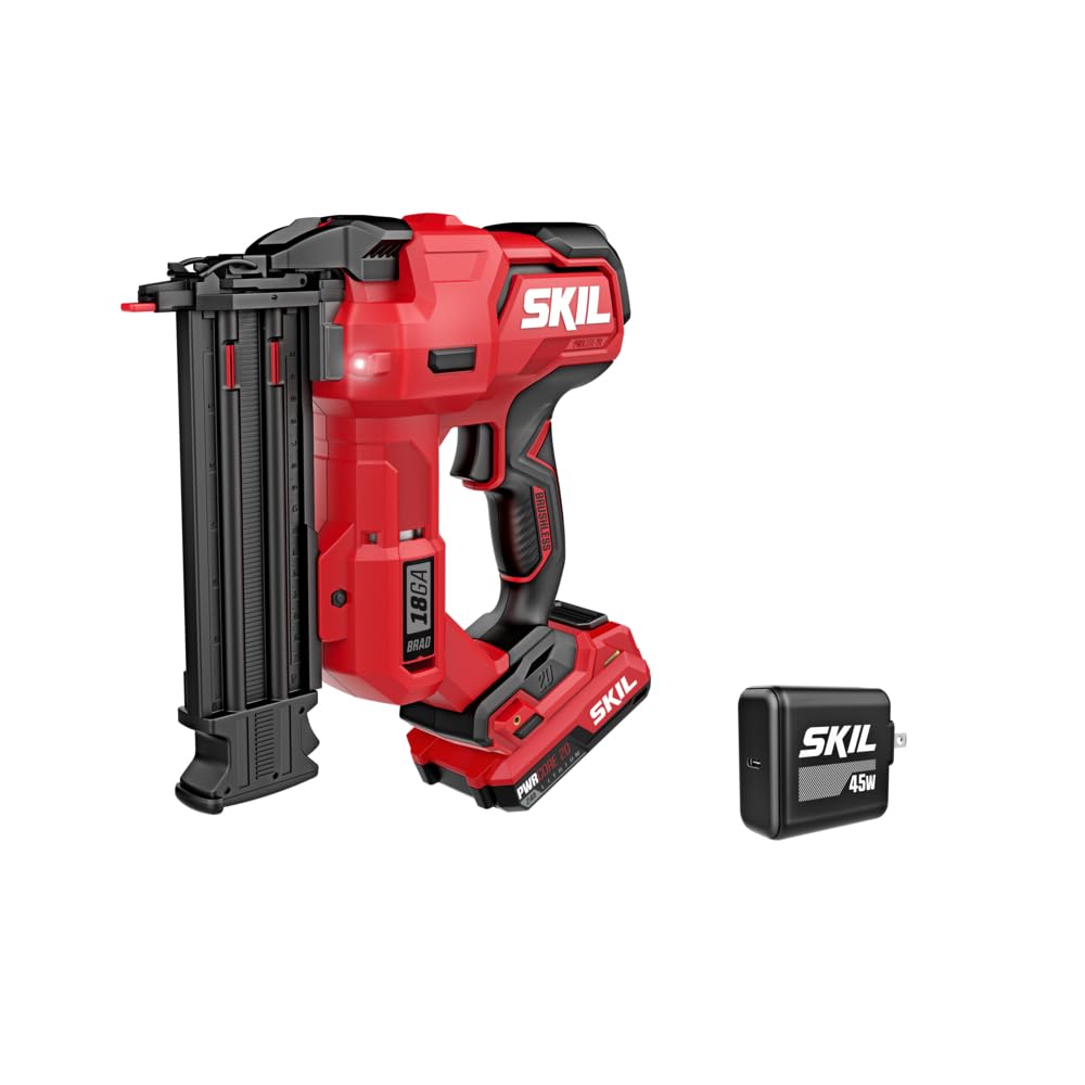 SKIL PWR CORE 20 Brushless 20V 18Ga Brad Nailer Kit including 2.0Ah USB-C Battery and Charger-NA1800B-10 Skil