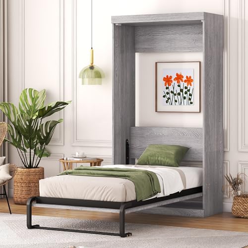 Harper & Bright Designs Twin Size Murphy Bed Frame, Modern Wall Bed Can Be Folded into a Cabinet, Twin Murphy Bed Frame for Bedroom, Living Room or Home Office (Twin, Gray) Harper & Bright Designs