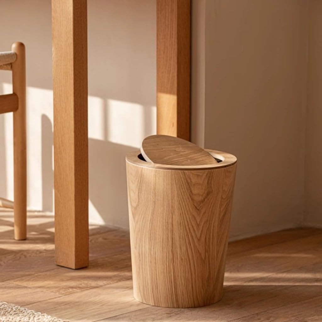 MOOTEK Round Wood Trash Can with Lid, Japanese-Style Natural Wood Garbage Recycling Bin, Wood Waste Bin with Swing Lid, for Bathrooms, Powder Room, Kitchen, Home Office MOOTEK