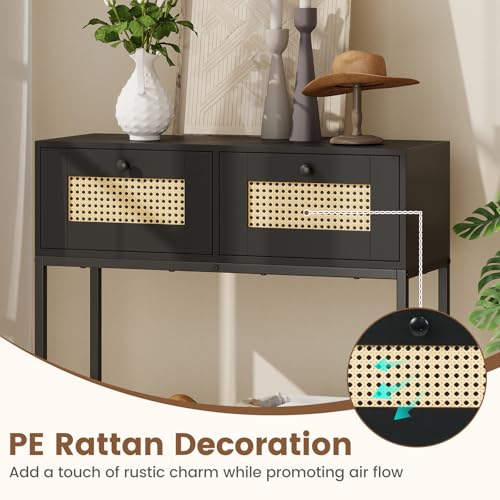 COSTWAY Rattan Console Table, Boho Narrow Sofa Table with 2 Storage Drawers and Open Shelf, 3-Tier Entryway Table with Sturdy Metal Frame for Living Room, Hallway, Foyer, 32 Inch (Black) COSTWAY