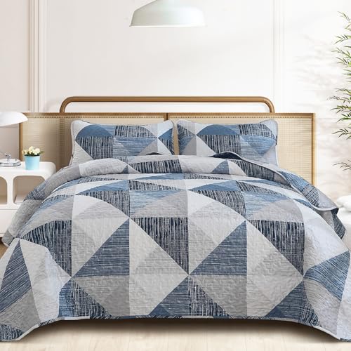 Dintszyayue King Size Quilt Blue, 3 Pieces Patchwork Bedspread Bedding for King Size Bed, Soft Lightweight Microfiber Geometric Coverlet Set for All Season Quilts with 2 Pillowcases Dintszyayue