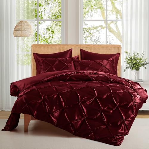 P Pothuiny 5 Pieces Satin Pintuck Duvet Cover Set, Silky Like Burgundy Pinch Pleat Duvet Cover Full/Queen Size Luxury Bedding Set with Corner Ties, 2 Pillow Shams + 2 Pillowcases (No Comforter) P Pothuiny