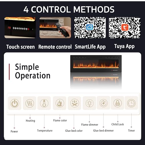 HOMTHING 70" Smart WiFi Electric Fireplace, Wall Mounted & Recessed, App & Remote Control, Ultra-Thin 750W/1500W Fireplace with Touch Screen, 12H Timer, 5 Realistic Flames, Log & Crystal (70" WiFi) HOMTHING