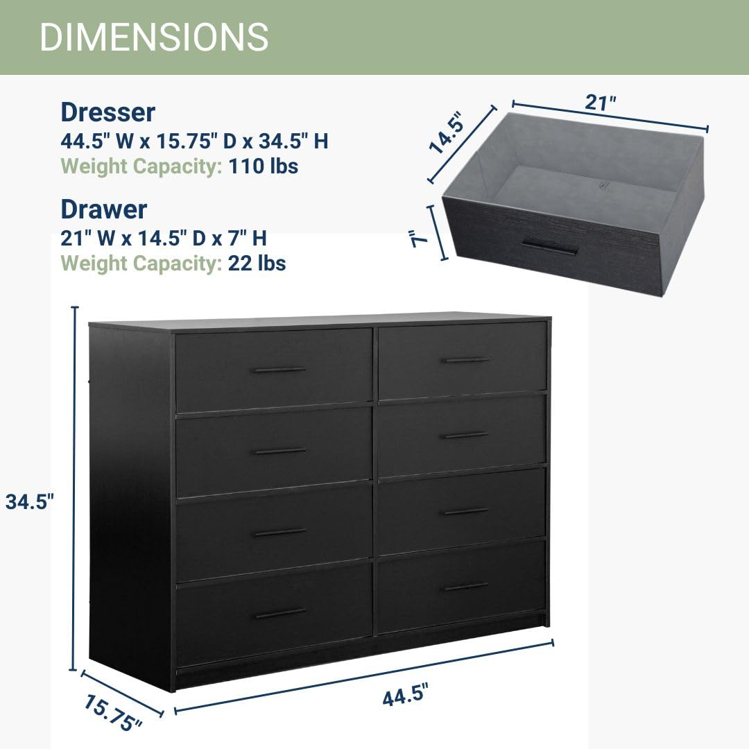 Modern 8-Drawer Dresser with Spacious Storage,Sturdy Wood Frame, and Large Capacity Drawers, Dressers for Bedroom, Home Organization Storage for Living Room or Hallway, Black Techni Home