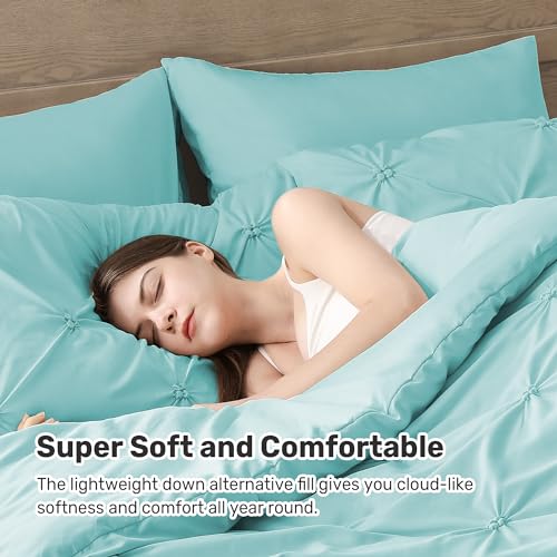 UNIKOME King Size Comforter Set Aqua Blue - Ultra Soft Boho Pintuck Down Alternative Bedding Set for All Seasons, 3 Pieces Lightweight Warm Pinch Pleat Bed Set with Comforter, 2 Pillowcases UNIKOME