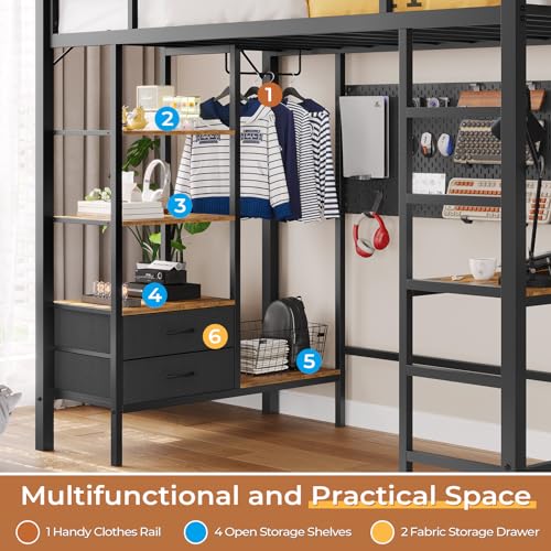 DICTAC Twin Loft Bed with Desk, Storage, and LED Lights - Black Metal Frame DICTAC