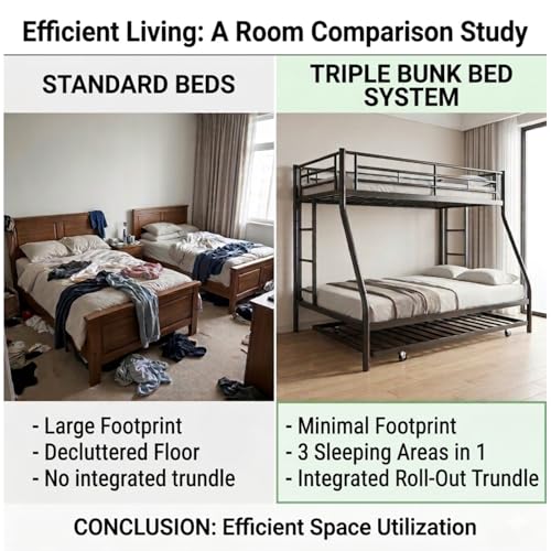 Nuturelly Metal Bunk Bed Twin Over Full with Trundle, Heavy Duty Steel Frame Bunk Bed Frame with Safety Guardrails & Ladder, Space Saving 3 Beds for Kids, Teens, Dorm, Black Nuturelly