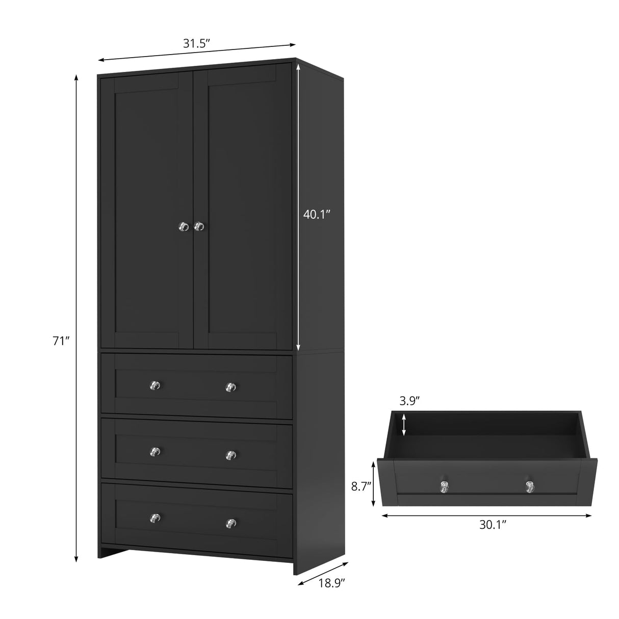 VOWNER Armoire Wardrobe Closet with Drawers and Mirror, 71" Clothing Storage Cabinet with Hanging Rod, 2 Doors Wooden Wardrobe Cabinet for Bedroom, Large Capacity Storage,Black VOWNER