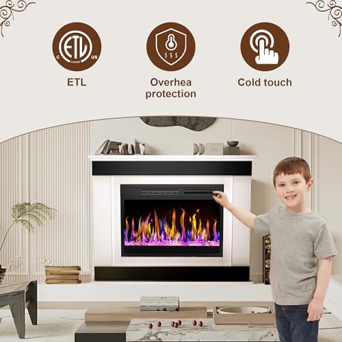 23“ Electric Fireplace Insert, 1500W/1000W Electric Fireplace Heater for Indoor Use with 12 Colors Adjustable Flame, Fireplace Stove for Home Office, Fake Fireplace with Remote Control CUOZOVA