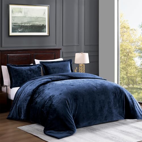 TAMGHO Navy Blue Velvet Comforter King Set 3pc, Blue Velvet Bedding King Size for All Seasons, 1 Comforter (108"x96") and 2 Pillow Shams (20"x36") TAMGHO