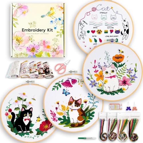 Embroidery Kit for Beginners, 4 Sets Cat Embroidery Kits, Needle Point Kits for Adults Beginner, with Full Package Embroidery Supplies, Detailed Easy-to-Follow Instructions, Gift for DIY Lovers