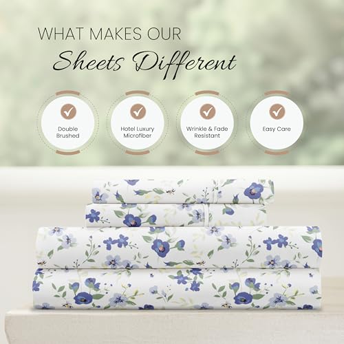 Linen Market 4 Piece Queen Sheet Set - Breathable, Double-Brushed Patterned Cooling Sheets – Oeko-TEX Certified Ultra Soft & Wrinkle-Free 16" Deep-Pocket Queen Sheets - Easy Care Blossoms Light Blue Linen Market