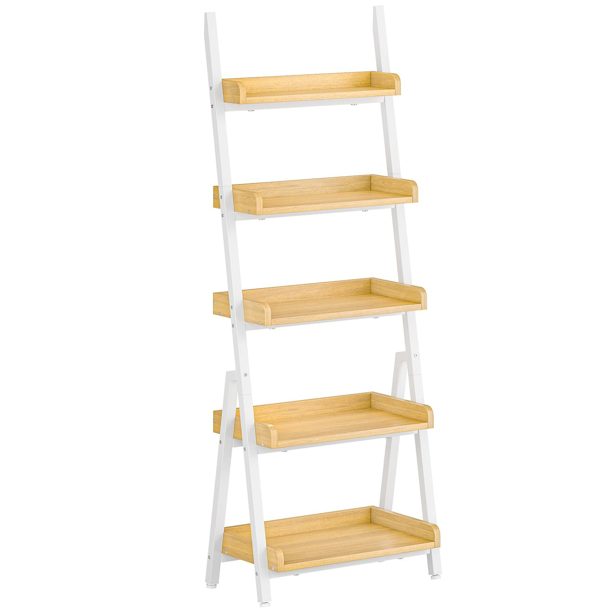 HOOBRO Small Bookcase, Ladder Shelf, 5-Tier Wall-Leaning Shelf, Freestanding Storage Rack, Display Stand, for Living Room, Home Office, Balcony, Bedroom, White and Natural WN151CJ01 HOOBRO