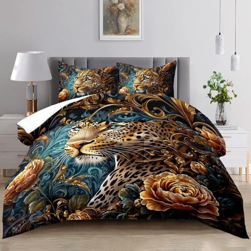Raphus cucullatus Gold Cheetah Comforter Set King,Tropical African Animal 3D Leopard Bedding Black Bed,Gold Rose Quilt Bedding Cheetah,Leopard King Size Quilt Set Raphus cucullatus