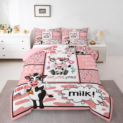 Feelyou Cow Bedding Set for Girls Boys Pink Milk Cow Comforter Set Cute Animal Comforter Room Decor Farmhouse Duvet Set Queen Size Quilt Boys Feelyou