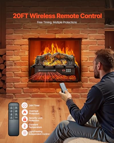 VEVOR 23 Inch Electric Fireplace Log Heater, Fireplace Insert with Crackling Sound, Remote Control, 5 Flame Brightness Levels, Thermostat, Timer, Overheat Protection, for Home Decor, Black VEVOR