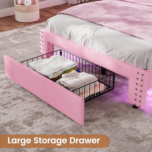 VIAGDO Pink Twin Bed Frames with LED Lights, Upholstered Platform Bed Frame Twin Size with Storage Headboard and Charging Station, LED Twin Bed Frame, No Box Spring Needed VIAGDO