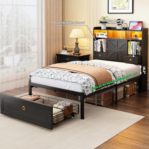 Etditrnp Twin Bed Frame with Storage Headboard, Farmhouse Platform Bed Frame with Bookshelf, Drawers, LED Lights and Charging Station, Metal Slats Support, Noise Free, No Box Spring Needed, Black Etditrnp