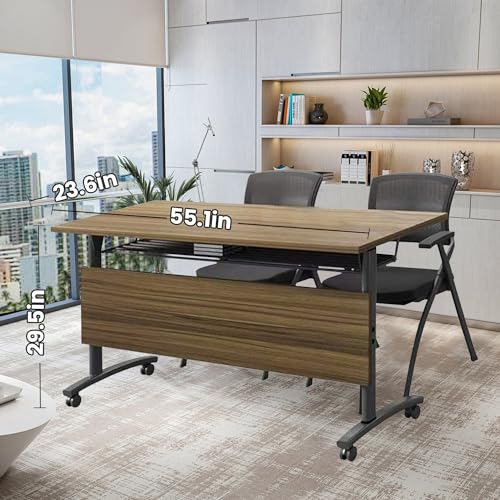 Folding Conference Table,55.1 inch Mobile Meeting Seminar Table with Wheels,Sturdy Rectangular Business Training Tables with Strong Metal Frame,Modular Conference Room Tables for Office Boardroom VORDERRY