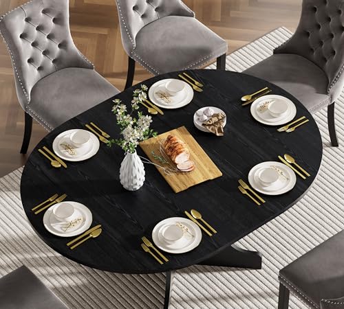 Henf 7 Piece Round Black Extendable Dining Table Set for 6, 43.3"-59" Oval Wood Kitchen Table Set with 6 Black Tufted Chairs, Mid-Century Modern Expandable Dining Room Tables and Chairs Set for 6 Henf