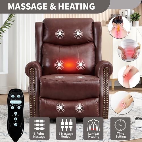 Genuine Leather Recliner Chair for Adults, Manual Swivel Rocker Glider Rocking Chair with Vibration Massage Lumbar Heat for Nursery, Rivet Design Single Sofa Chair for Living Room - Burgundy Red