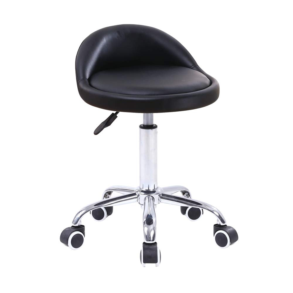 KKTONER PU Leather Round Rolling Stool with Back Rest Height Adjustable Swivel Drafting Work SPA Task Chair with Wheels Black KKTONER