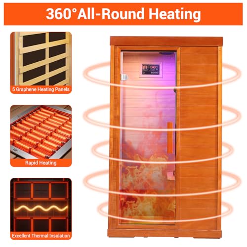 Bowear Far Infrared Sauna for 1-2 Person, 110V 1120W Indoor Home Sauna with Bluetooth Audio, 7 Colors Light Therapy, Reading Lamp, Time & Temperature Adjustable, Oguman Wood Dry Sauna Bowear