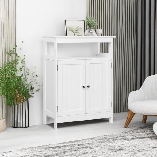 Yaheetech Bathroom Floor Storage Cabinet, Wooden Free Standing Storage Organizer with 2 Doors & Adjustable Shelves, for Living Room Hallway, White Yaheetech