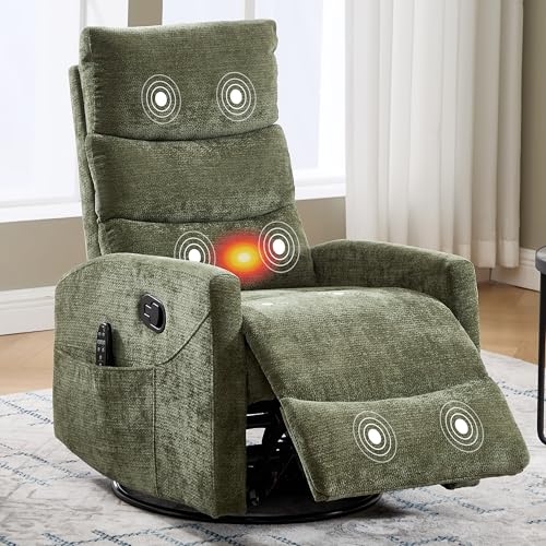 Manual Swivel Rocker Recliner Chair for Adults, Overstuffed Glider Chair for Nursing with Vibration Massage & Lumbar Heat, Living Room Rocking Recliner 3-Stage backrest, Chenille Fabric Green