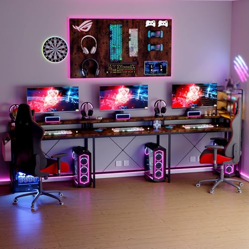 U Shaped Desk with Power Outlets, USB Ports & RGB LED Lights, 79 Inch Large Corner Computer Desk with Monitor Stand, Reversible Gaming Desk for Home Office, Ergonomic Workstation (Rustic Brown) Patikuin