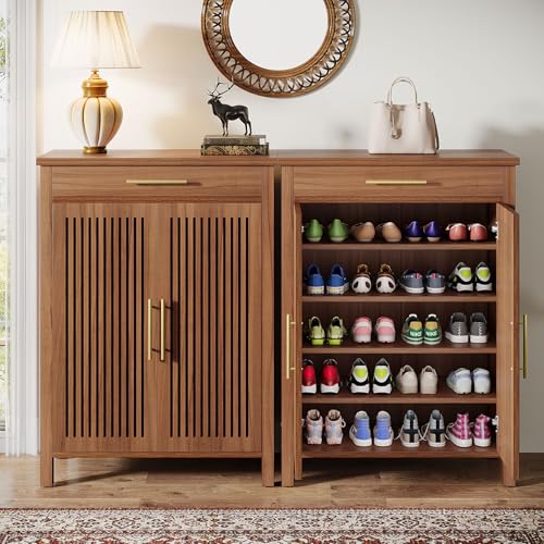 Tribesigns Shoe Cabinet, 5-Tier Shoe Storage Cabinet with Louvered Doors and Drawer, Freestanding Wooden Shoe Rack Organizer with Adjustable Shelves for Entryway, Hallway, Closet, Brown Tribesigns