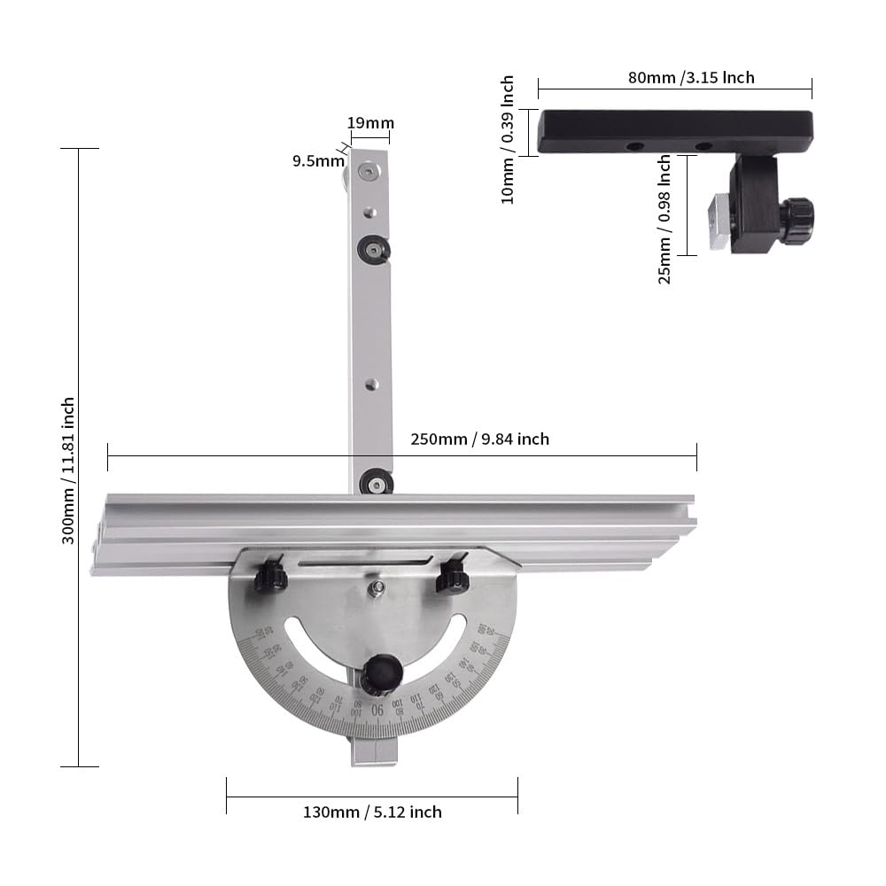 Precision Miter Gauge, Miter Gauge for Table Saw, with Miter Gauge Fence and Limit Stopper, 140° Angle Stops, Adjustable for Bandsaw Router Table, 250mm x 300mm WoodArtSupply