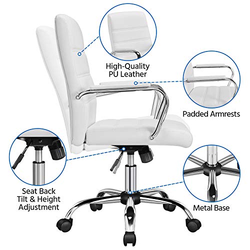 Yaheetech Office Desk Chair Mid-Back Leather Computer Chair Height Adjustable Ergonomic Executive Chair w/Lumbar Support Comfy Thick Padded Armrests and Seat, White Yaheetech