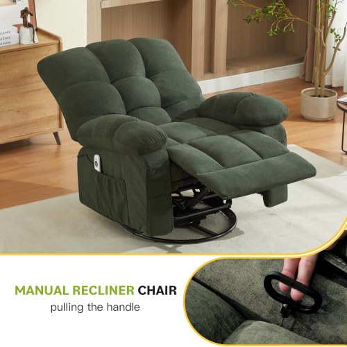 Oversized Recliner Chair for Adults w/ 8-Point 3D Kneading Massage and Lumbar Heating, Swivel Rocker Recliner w/USB Charge Port for Living Room, Ergonomic Lazy Boy Single Sofa Chair (Green)