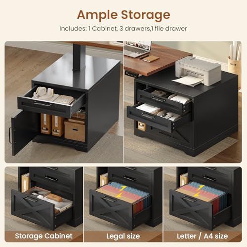 SEDETA Farmhouse L Shaped Standing Desk, 71" x 73" Height Adjustable Home Office Executive Desk with Drawers, Power Outlet, Monitor Stand, Sit Stand Table with Led Lights for Home Office, Black SEDETA