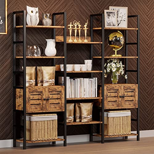 IRONCK Vintage Brown Industrial Bookshelf with Louvered Doors and 5 Tiers - Triple Wide Storage Display Shelf for Home Office and Living Room IRONCK