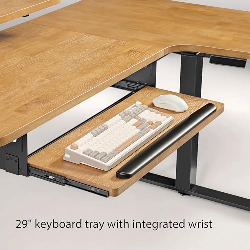 EUREKA ERGONOMIC L Shaped Standing Desk w Solid Wood Tabletop,61" Electric Corner Computer Desk, Adjustable Height Desk w Keyboard Tray,Dual Motor,LED Monitor Stand,Right/Oak EUREKA ERGONOMIC