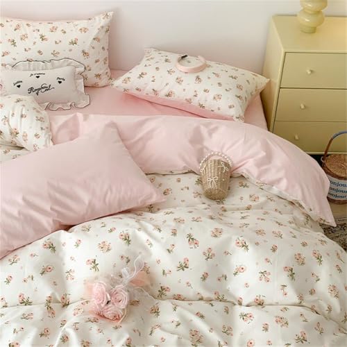 Sedefen Pink Floral Duvet Cover Full Size Romantic Flower Green Botanical Bedding Set 3Pcs Kids Boys Girls Spring Garden Aesthetic Flowers Soft Breathable Microfiber Comforter Cover with 2 Pillowcases Sedefen