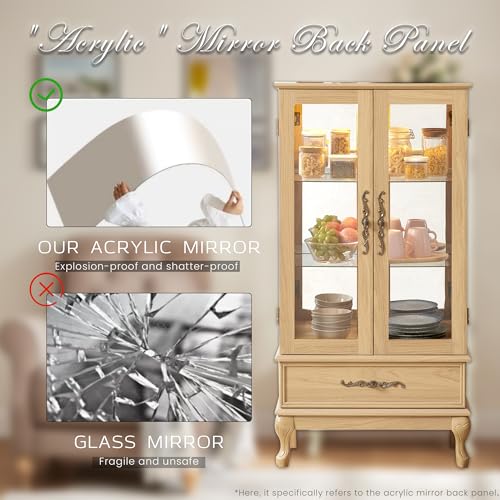 KavlSean 52" H Lighted Display Cabinet, Curio Display Case with 3-Tier Adjustable Shelves, Curio Cabinet with Tempered Glass Doors and Light Bulb, Rack for Living Room Storage (Light Oak) KavlSean