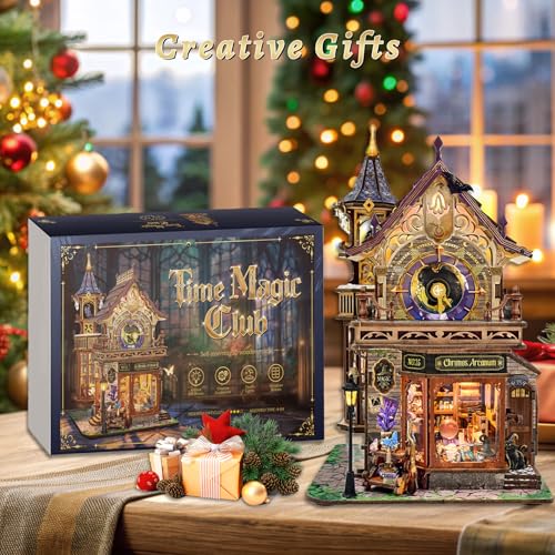 SUNNINO Miniature Dollhouse Kit, 3D Wooden Puzzles for Adults Mini House Building Kit with LED Lights Christmas Birthday Gifts Book Nook Kits Bookshelf Decor for Adults and Teens, Time Magic Club