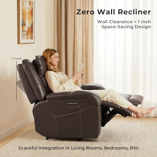 SITJOY Pet Friendly Leather Power Recliner Chair, Zero Wall Hugger RV Recliners with Power Headrest, Charging Ports, Side Pockets, Down-Filled, Scratch Resistant Waterproof Faux Leather in Dark Brown