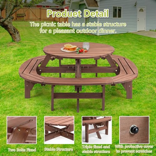 RocVanc 8-12 Person Outdoor Round Wooden Picnic Table with 8 Built-in Benches, Umbrella Hole, Lifetime Outside Table and Bench Set for Garden, Backyard, Porch, Patio and Deck RocVanc